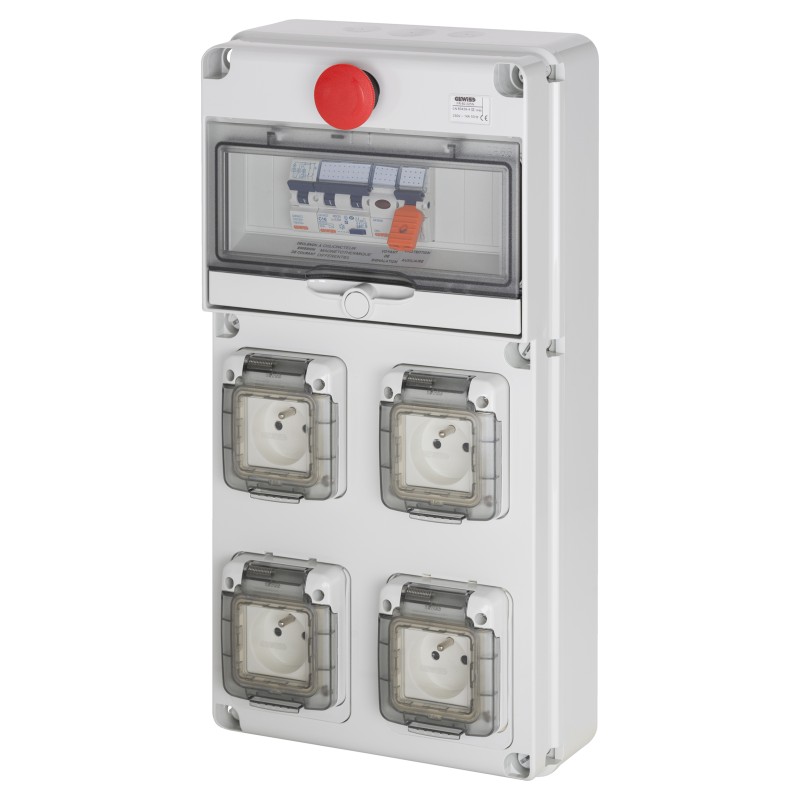 Coffret monophasé avec arrêt d’urgence et bornier alimentation 16A, 4 prises 16A, différentiel 30mA, IP65 - GEWISS - FR60225N