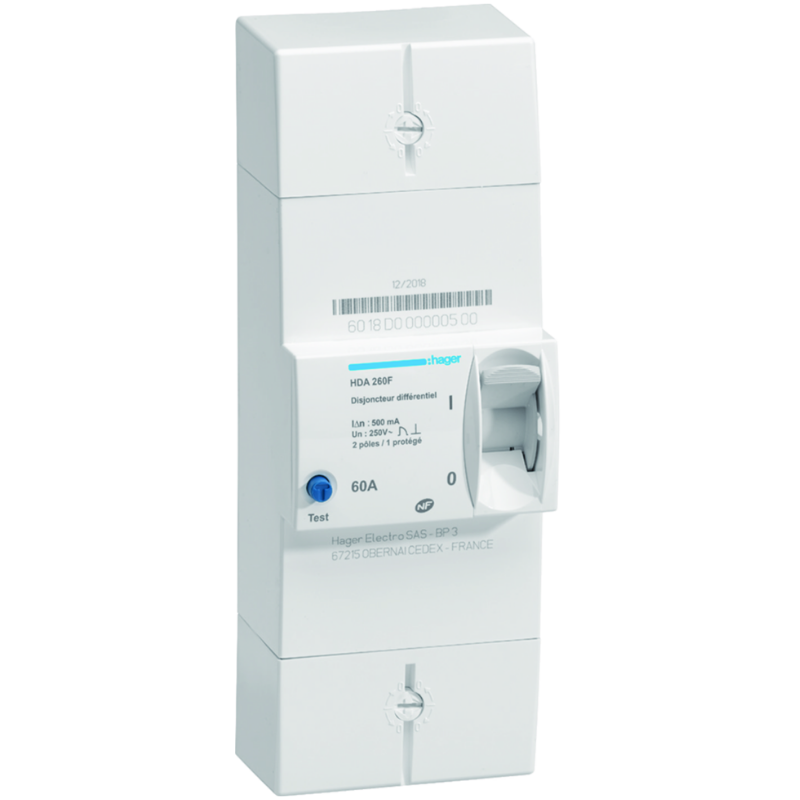 HAGER - Disjoncteur de branchement différentiel 2P 60A 500mA instantané - HDA260F