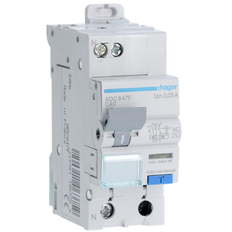 HAGER - Disjoncteur Différentiel 1P+N 4.5kA C-40A 30mA type AC 60Hz - ADC847F