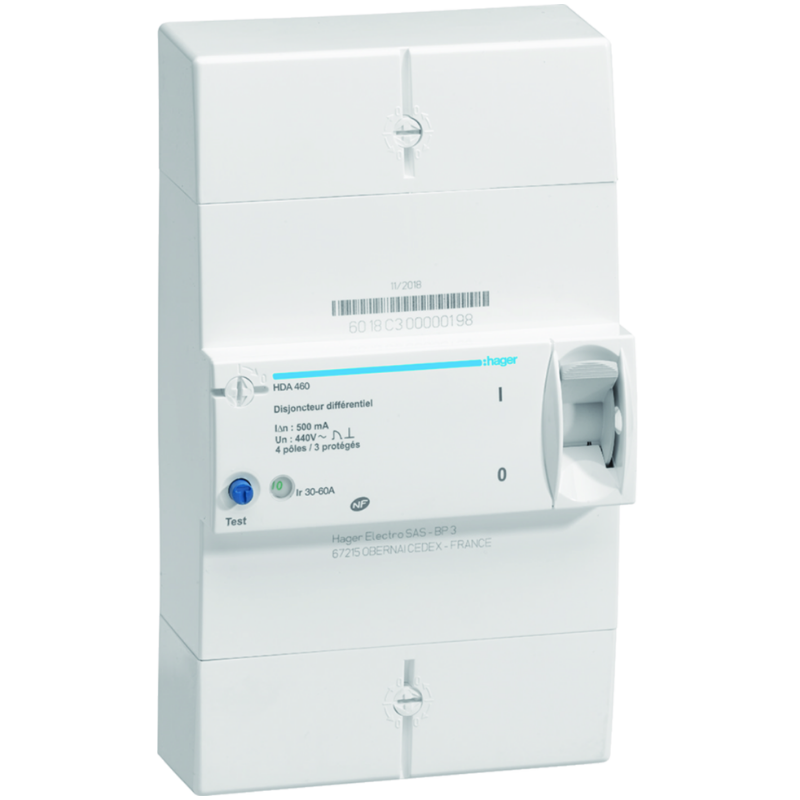 HAGER - Disjoncteur de branchement différentiel 4P 30/60A 500mA instantané - HDA460