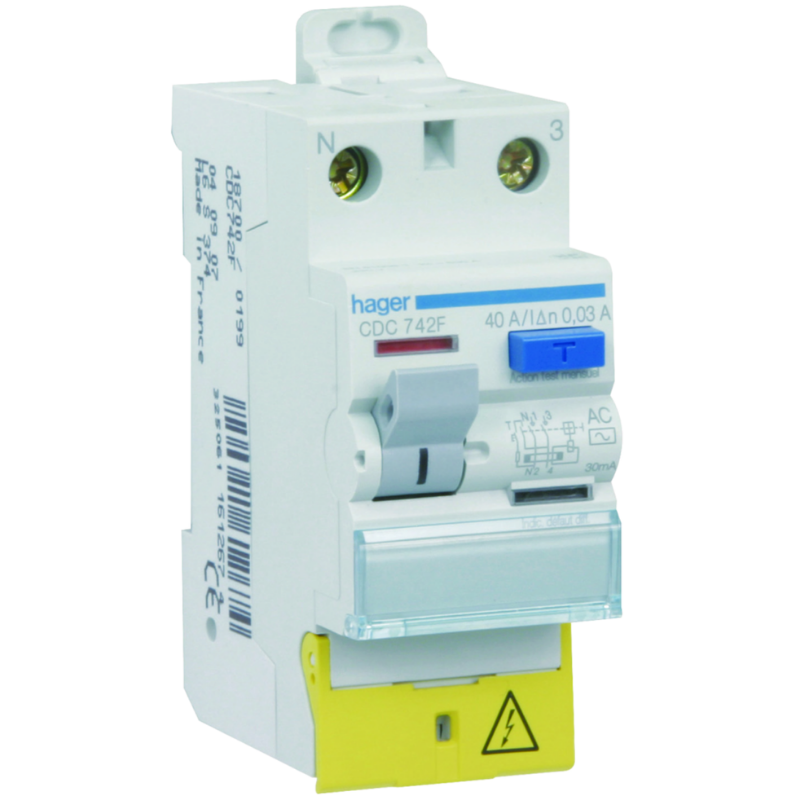 HAGER - Interrupteur différentiel 2P 40A 30mA type AC à bornes décalées - CDC742F