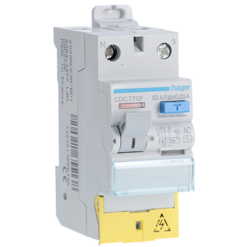 HAGER - Interrupteur différentiel 2P 63A 30mA type AC à bornes décalées 60Hz - CDC770F