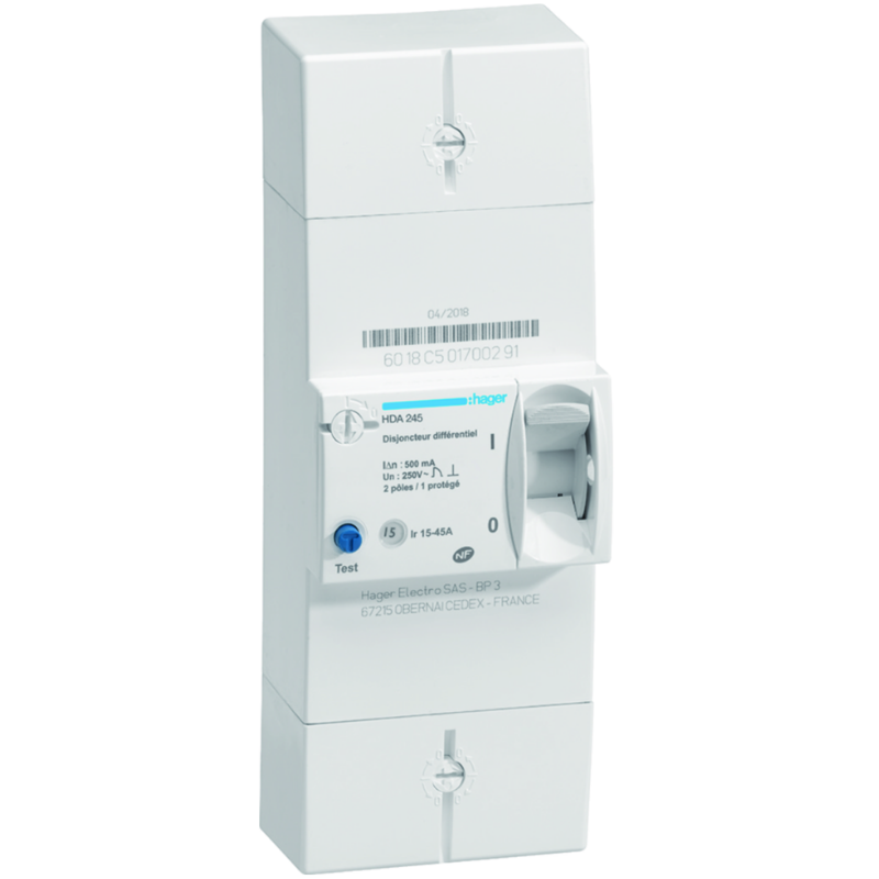 HAGER - Disjoncteur de branchement différentiel 2P 15/45A 500mA instantané - HDA245