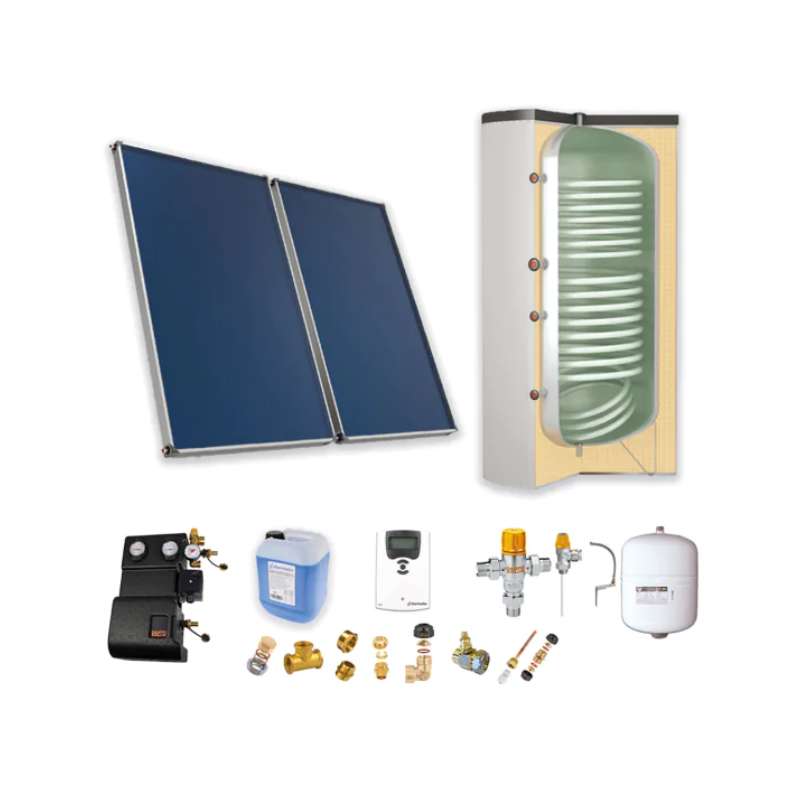 Chauffe-eau solaire : 2 capteurs solaires toiture plate + ballon ECS 300L double échangeur - THERMADOR - PSOLECSP23TP