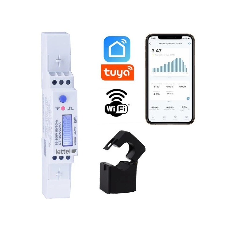 Compteur monophasé multimesure 100A sur TC fourni. Com Wifi et appli smartphone. - LETTEL - MCM1M-1100-CTW