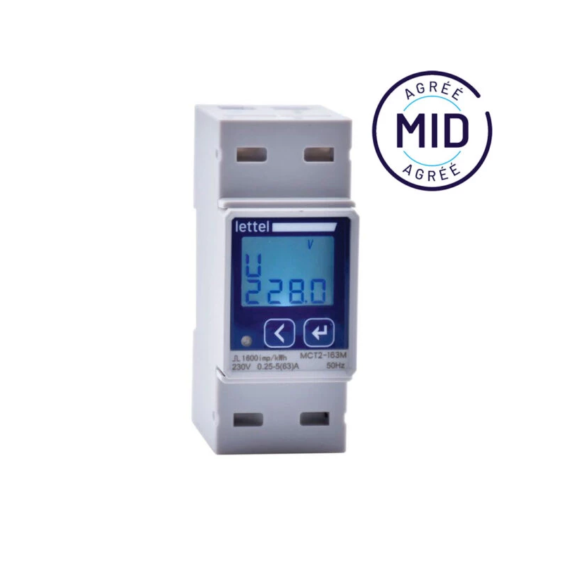 Compteur d'énergie multi-mesures mono 63A direct - Agrément MID et com Modbus - LETTEL - MCT2-163M