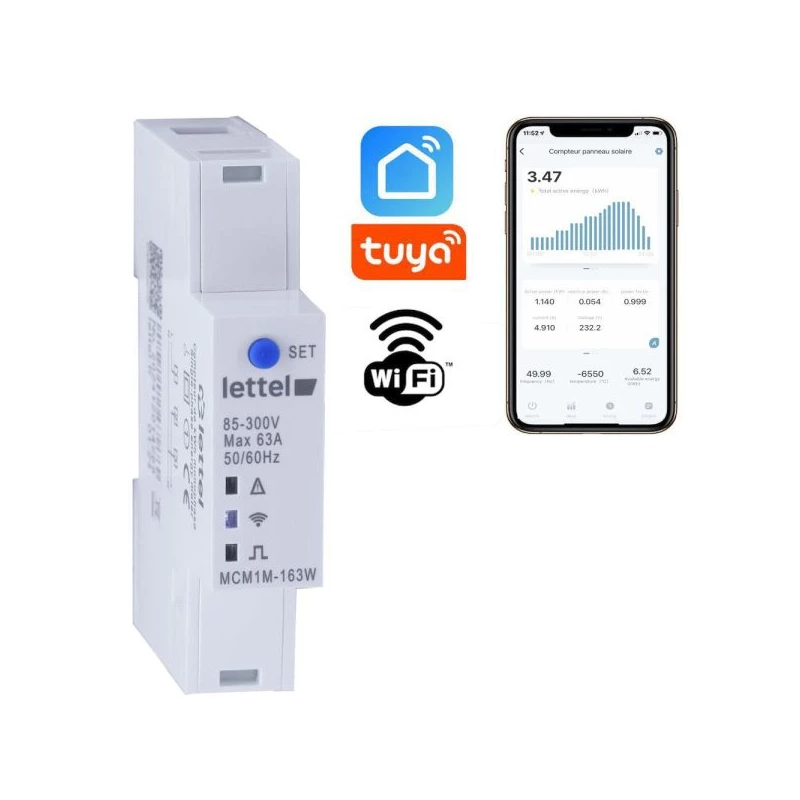 Compteur monophasé multimesure direct 63A. Com Wifi et appli smartphone. - LETTEL - MCM1M-163W