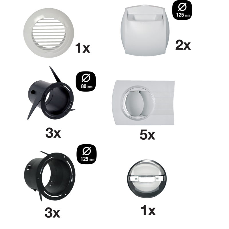 Kit bouches VMC double flux pour T3/T4 - extraction D125 mm, insufflation D80 mm - ALDES - 11023228