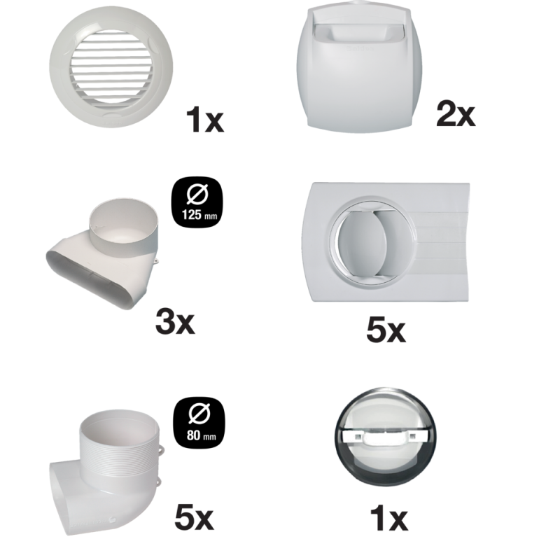 Kit bouches VMC double flux pour T3/T4 - 3 extractions D125 mm, 4 insufflations D80 mm - ALDES - 11023230